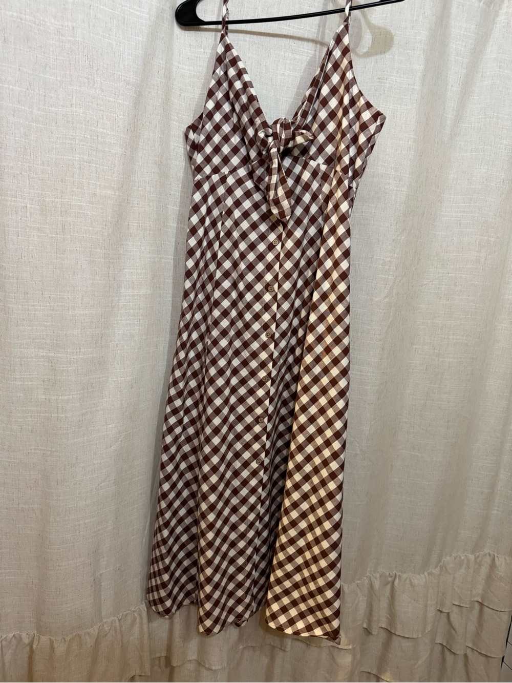 Brown Gingham Tie-Front Slip Dress